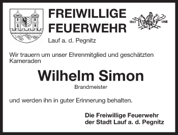 Traueranzeige von Wilhelm Simon von Pegnitz-Zeitung